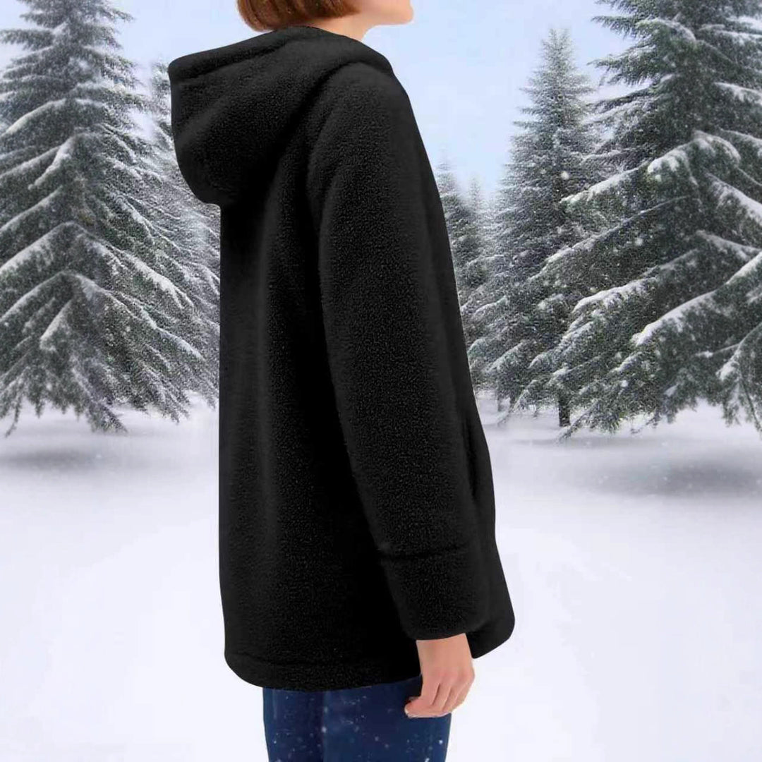 Damen Teddy-Fleece-Mantel mit Kapuze, durchgehendem Reißverschluss und aufgesetzten Taschen Drune