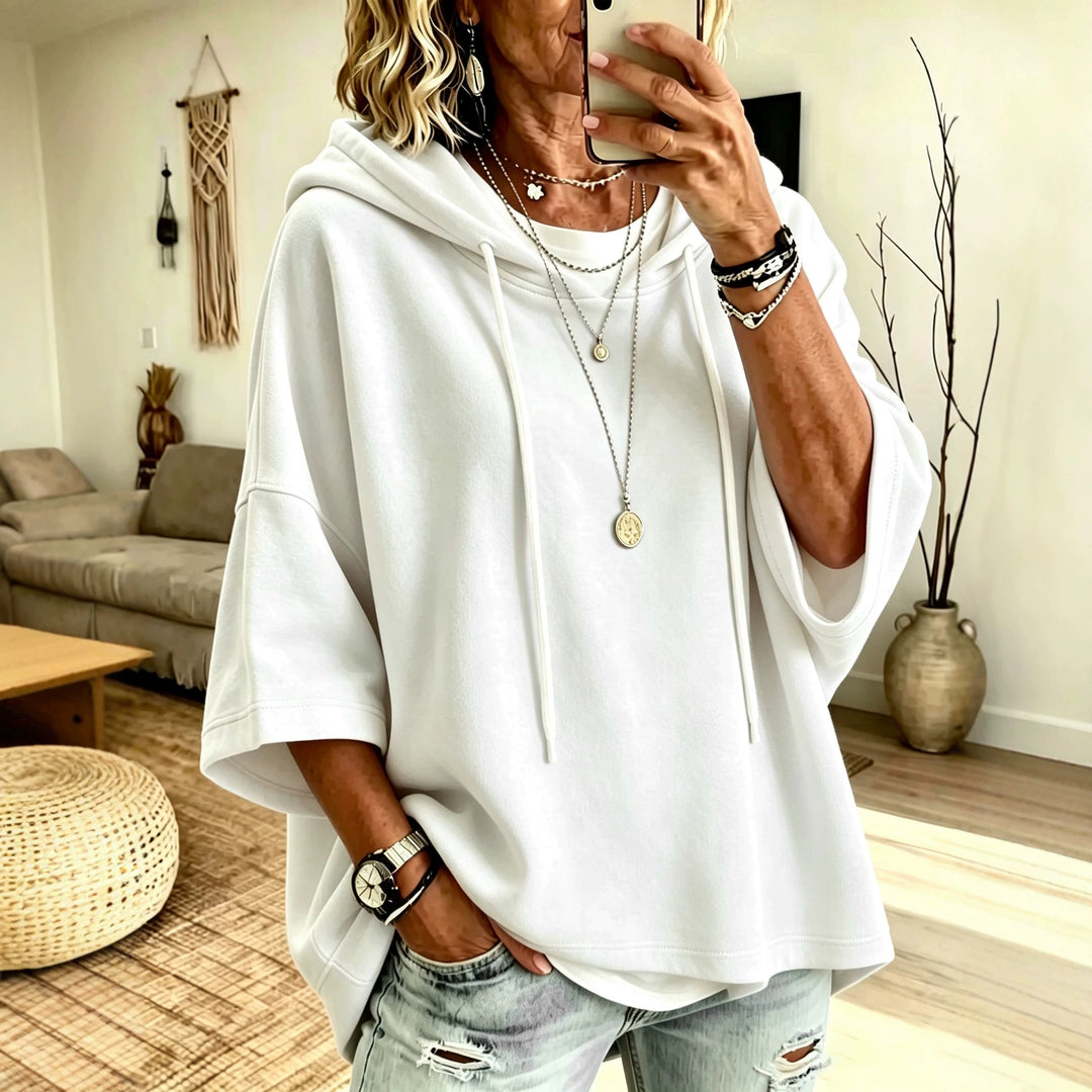 Damen Kurzarm-Oversize-Hoodie mit Kapuze und Kontrastkordel Drune