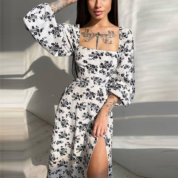 Damen Maxikleid mit elastischen Puffärmeln und sexy Schlitz Drune