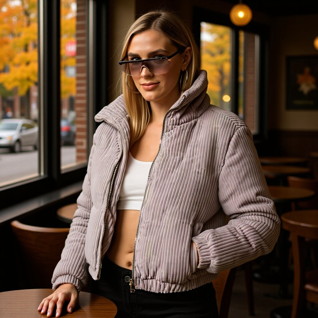 Damen Lässige Cordjacke mit hohem Kragen und elastischen Bündchen Drune