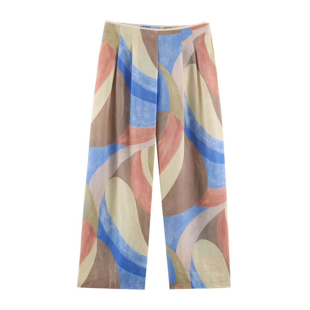 Damen Weite Palazzohose mit abstraktem Aquarellprint und elastischem Bund Drune