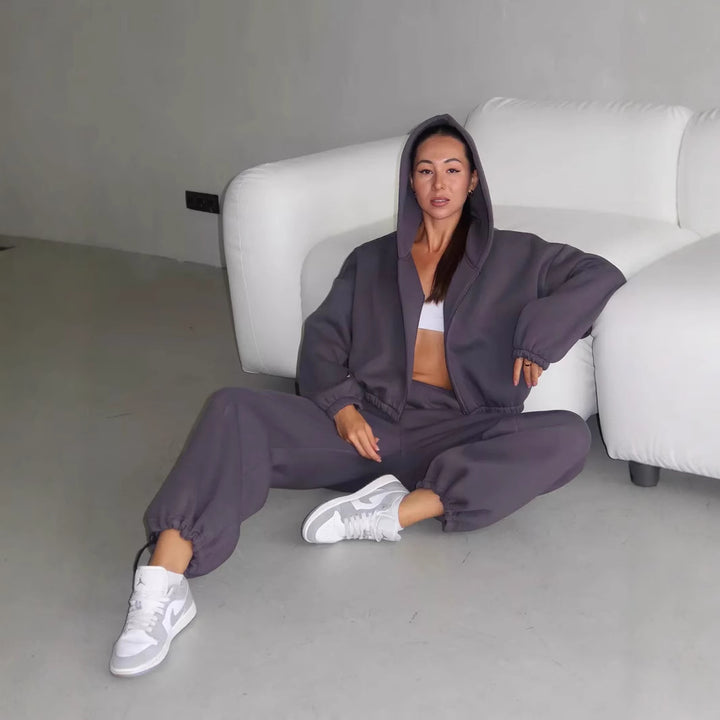 Damen Oversize Sweatset mit Reißverschluss Bomberjacke und Highwaist Jogginghose Drune
