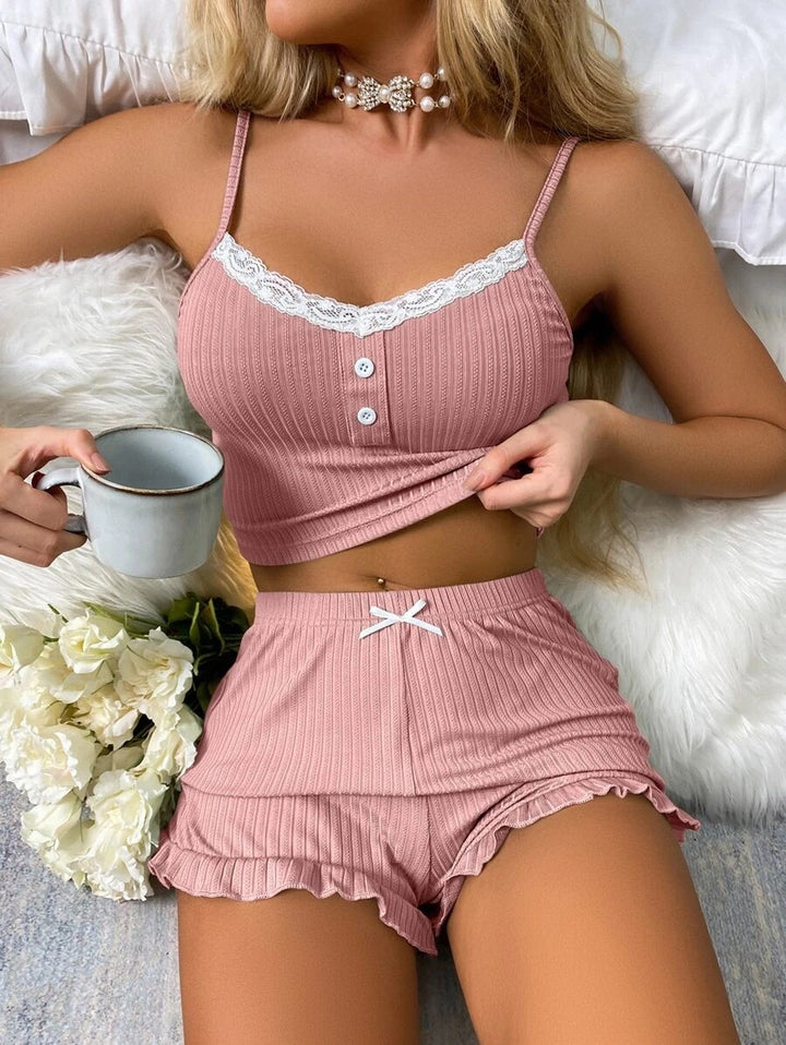 Damen Pyjama-Set mit romantischer Rippstruktur und Spitzenakzenten Drune