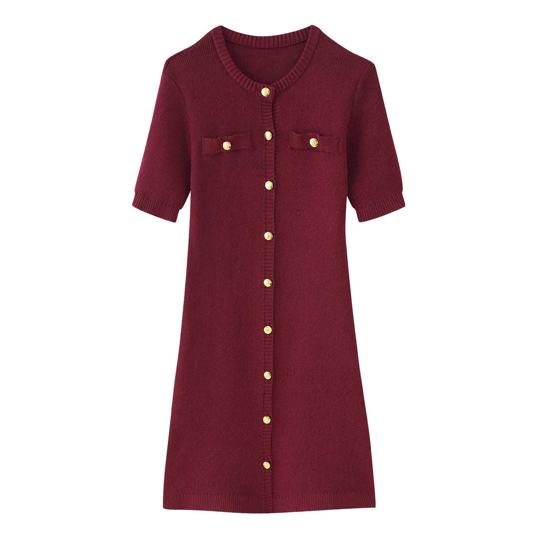 Damen Strickkleid mit kurzen Ärmeln und Knopfleiste Drune