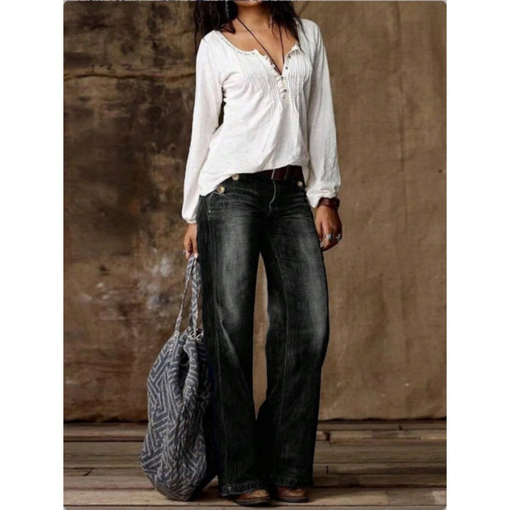 Damen Weite Vintage-Jeanshose mit hoher Taille und Used‑Waschung Drune
