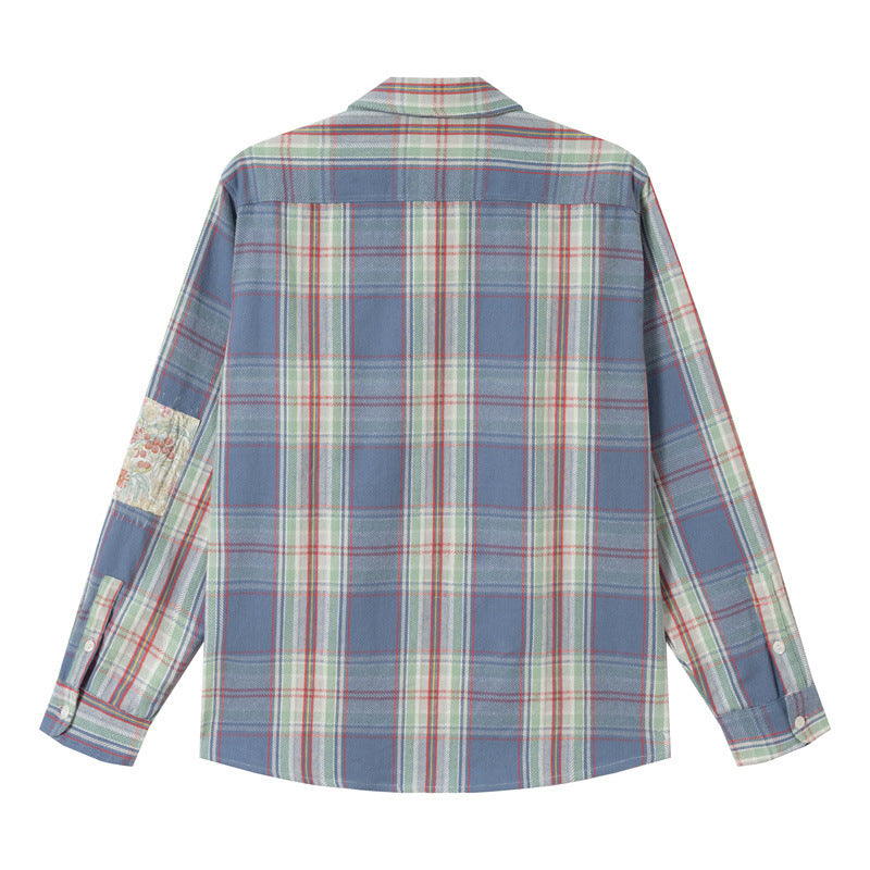 Unisex Oversize‑Hemdjacke im Vintage‑Karo mit Pattentaschen und Ärmel‑Patch Drune