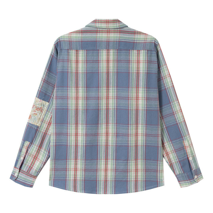 Unisex Oversize‑Hemdjacke im Vintage‑Karo mit Pattentaschen und Ärmel‑Patch Drune