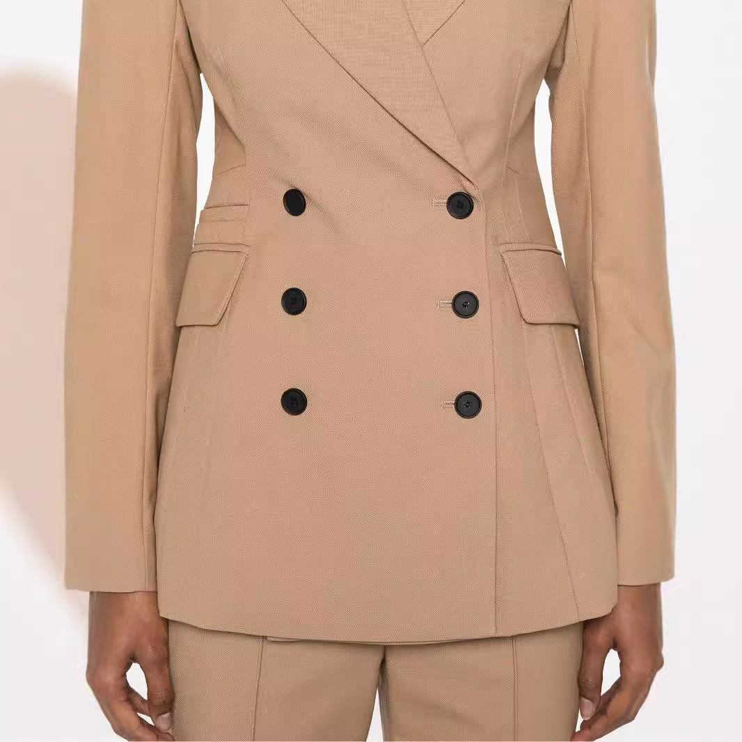 Damen Zweiteiliges tailliertes Doppelreihiges Blazer‑Hosenanzug mit ausgestellter Palazzohose Drune