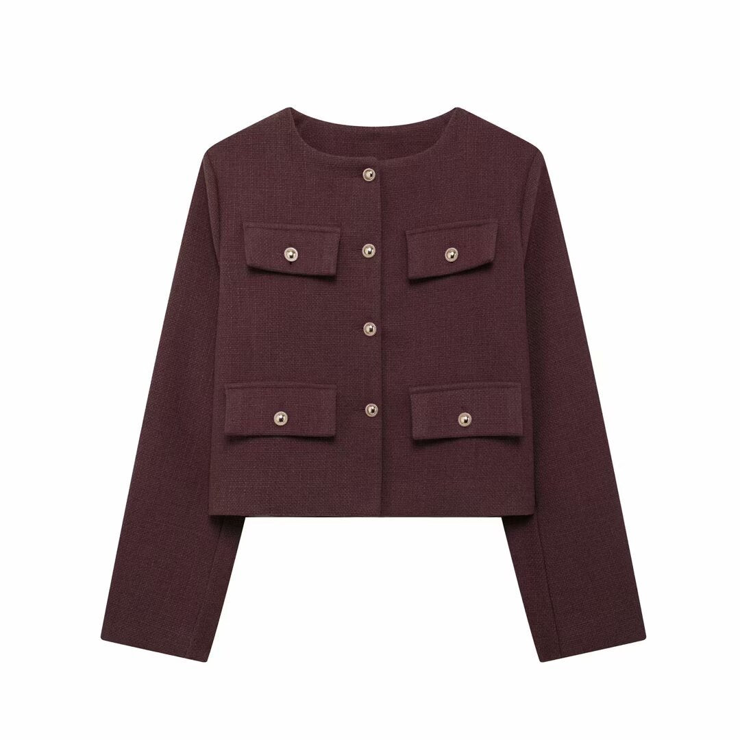 Damen Bouclé-Cropped-Jacke mit vier Pattentaschen und goldenen Schmuckknöpfen Drune