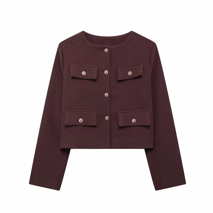 Damen Bouclé-Cropped-Jacke mit vier Pattentaschen und goldenen Schmuckknöpfen Drune