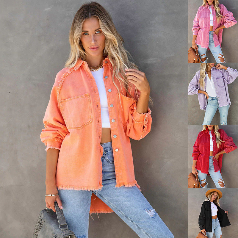 Damen Lässige Denim-Übergangsjacke im Vintage-Stil mit fransigen Details Drune