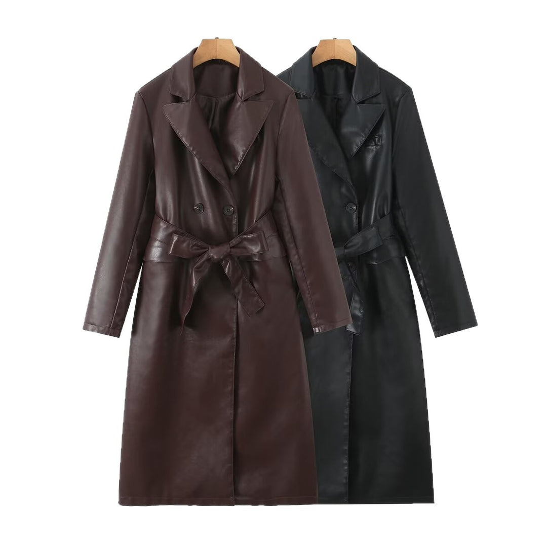 Damen Kunstleder Trenchcoat mit Taillengürtel und eleganter Taschennaht Drune