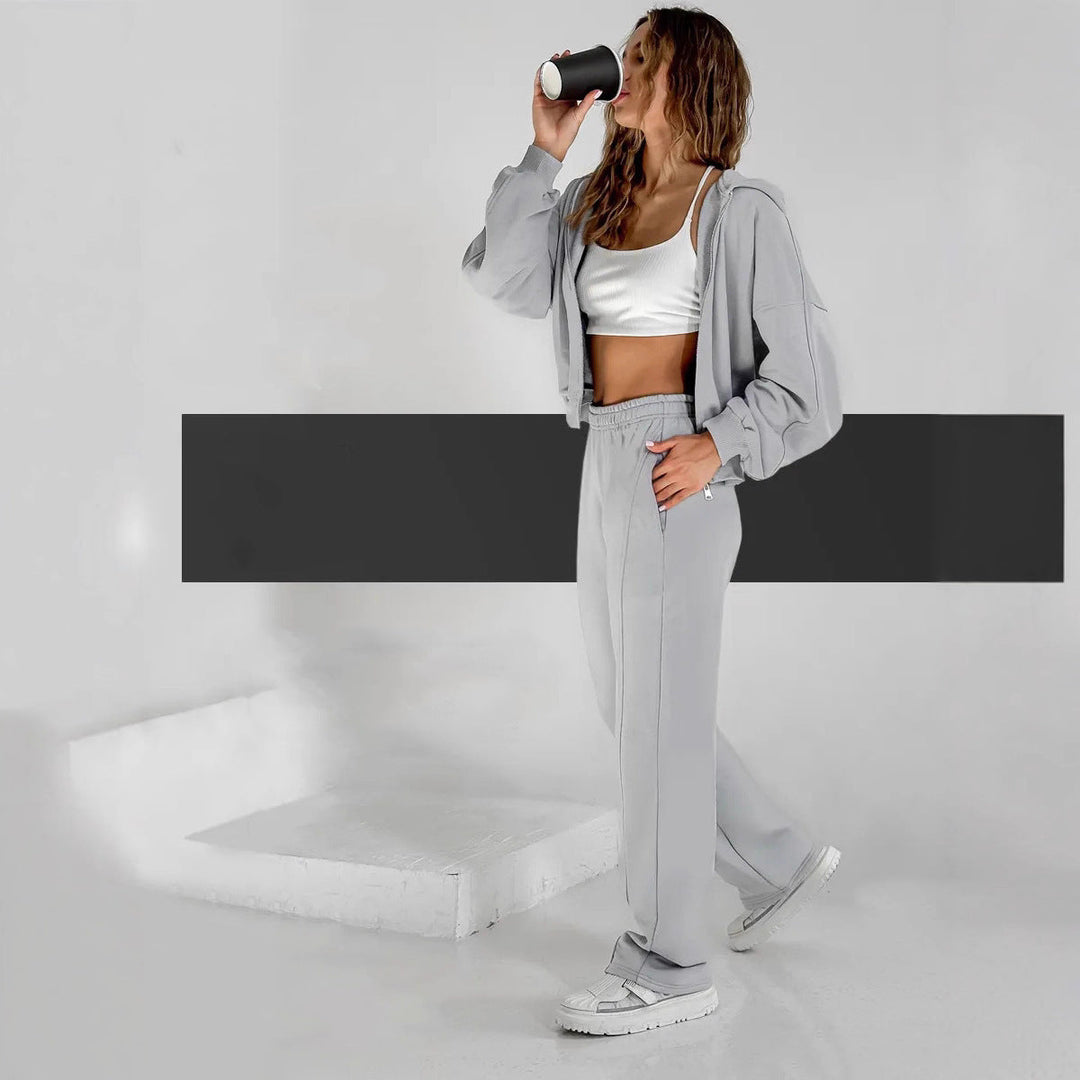 Damen sportlicher Zip-Hoodie- und weite Jogginghose-Set Drune