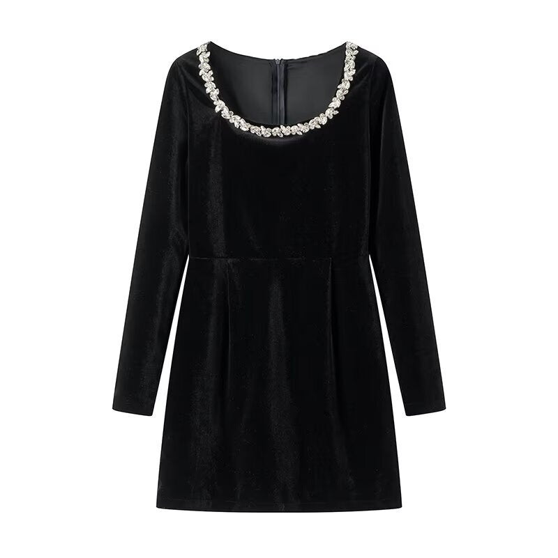 Damen Samtkleid mit taillierter Korsage, quadratischem Ausschnitt und floraler Zierkante Drune