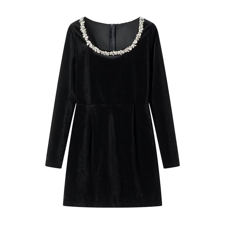 Damen Samtkleid mit taillierter Korsage, quadratischem Ausschnitt und floraler Zierkante Drune