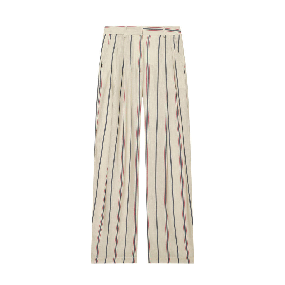 Damen Weite Leinenhose mit Bundfalten, hohem Bund und Längsstreifen Drune