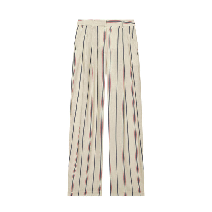 Damen Weite Leinenhose mit Bundfalten, hohem Bund und Längsstreifen Drune