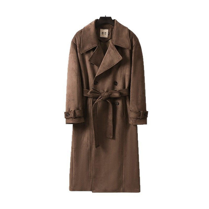 Herren Maxilanger Trenchcoat aus Velourslederoptik mit Doppelreihe und Taillenband Drune