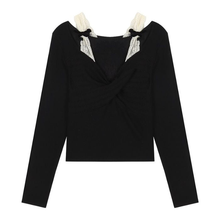 Damen Langarmshirt mit eleganter Raffung und Spitzenakzenten Drune