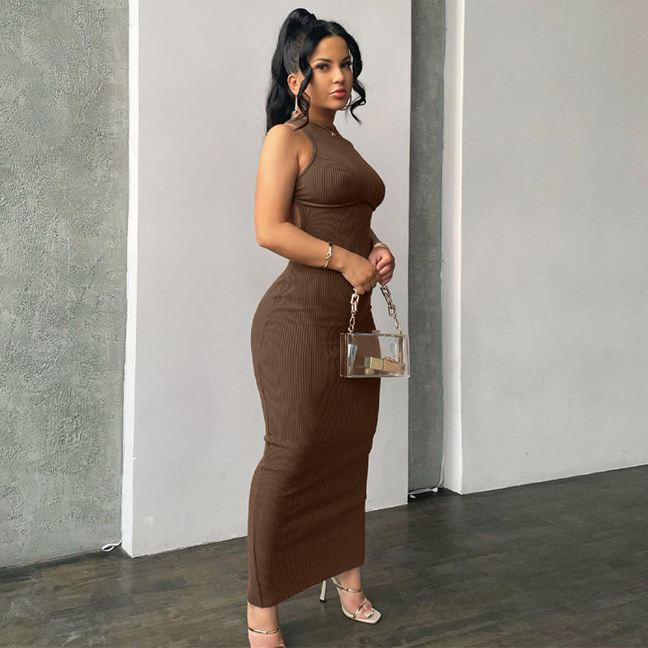 Damen körpernahes Strick-Maxi-Kleid mit raffiniertem Ausschnitt und langen Trägern Drune