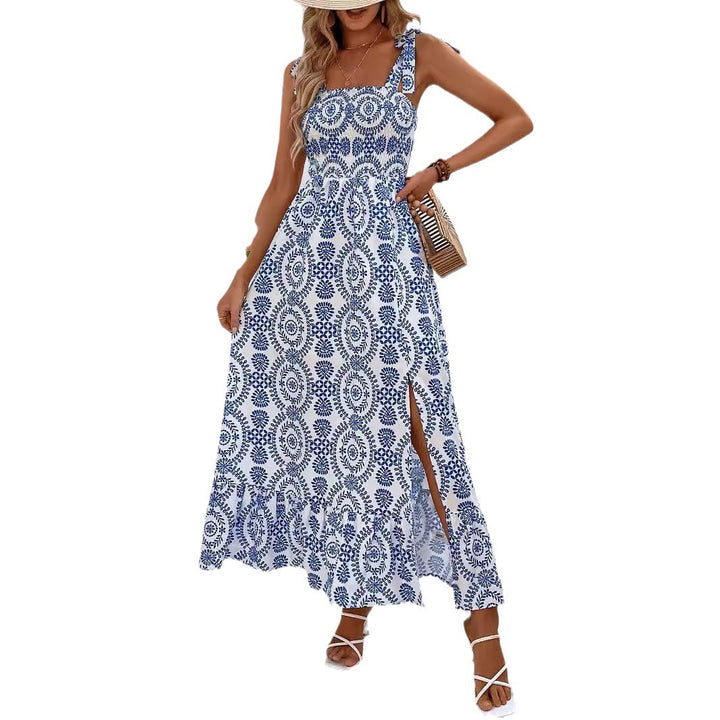 Damen Maxikleid mit Smok-Bustier, Bindeträgern und seitlichem Beinschlitz Drune