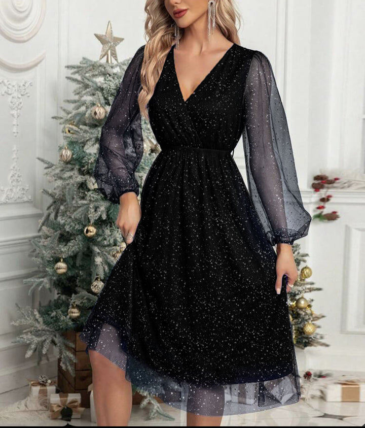 Damen Festliches Midikleid aus Glitzer‑Chiffon mit V‑Ausschnitt, tailliertem Gummibund und Ballonärmeln Drune