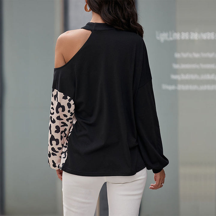 Damen Schulterfreies Sweatshirt mit Leoparden-Panel und Stehkragen Drune
