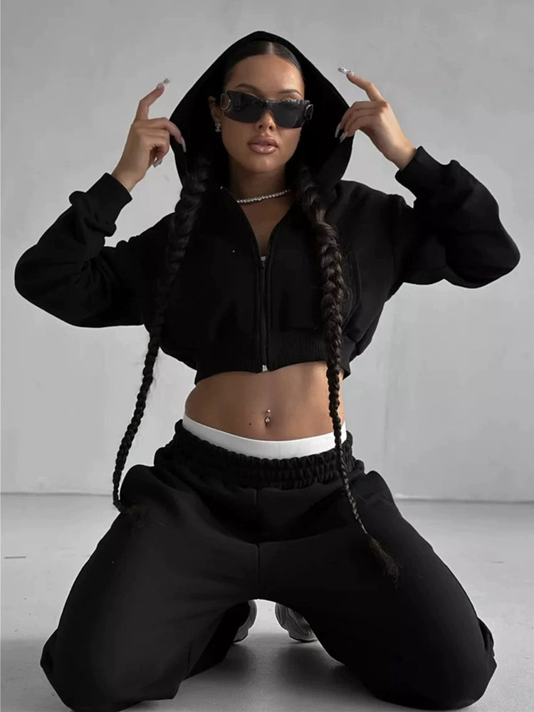 Damen Cozy Crop Hoodie und Weite Lounge-Hosen Set Drune
