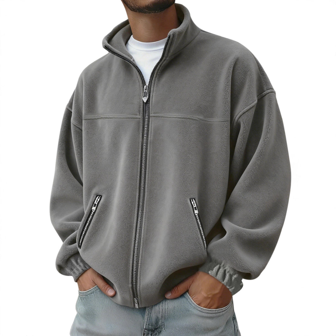 Herren Oversize Fleecejacke mit Stehkragen, durchgehendem Reißverschluss und Reißverschlusstaschen EB