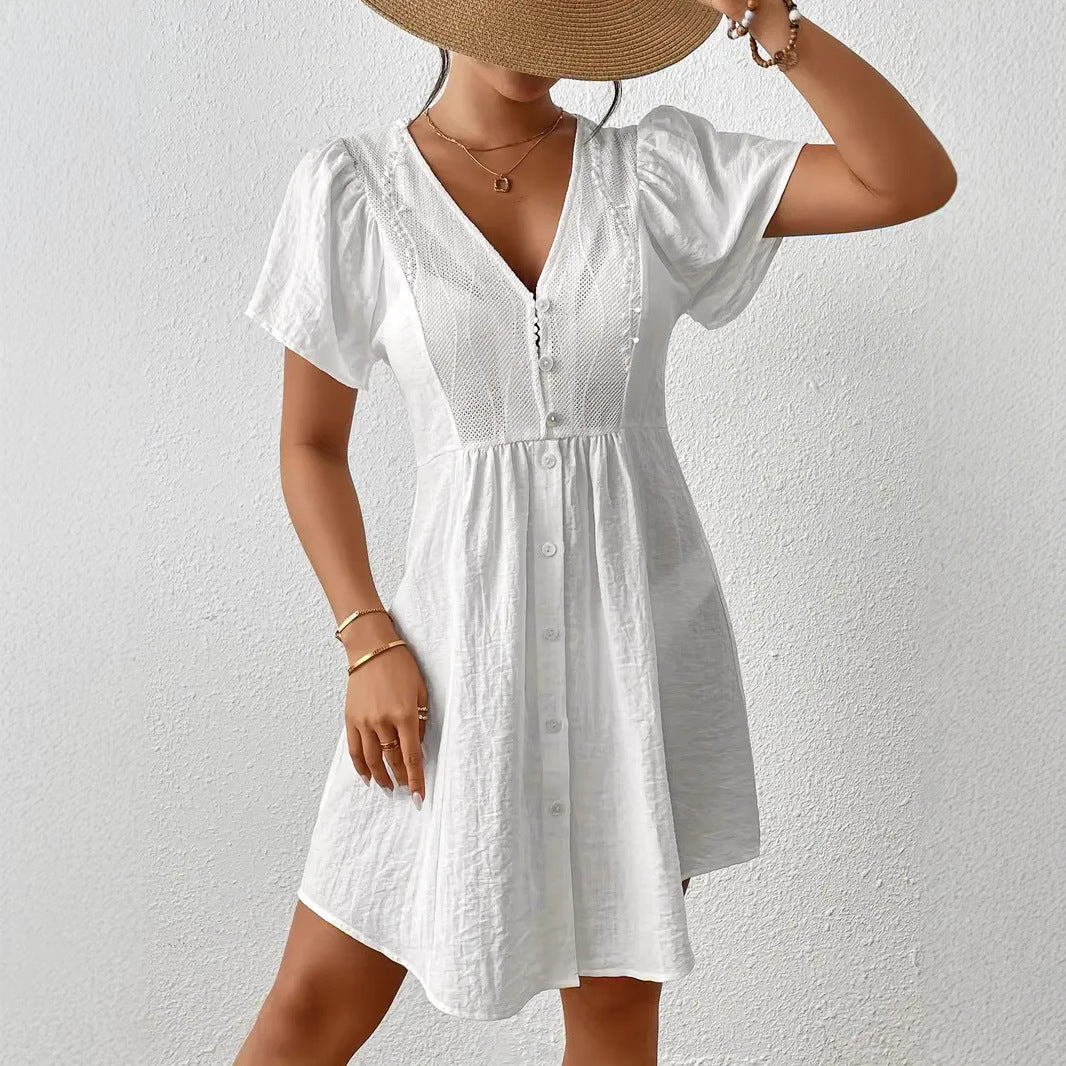 Damen Sommerkleid mit Puffärmeln und Knopfleiste Drune