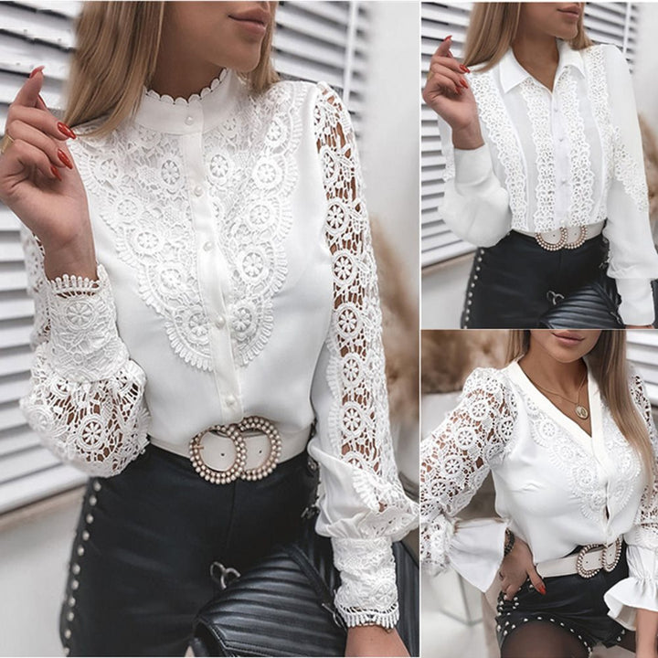 Damen Elegante Hemdbluse mit Spitzeneinsätzen, klassischem Kragen und Manschetten Drune