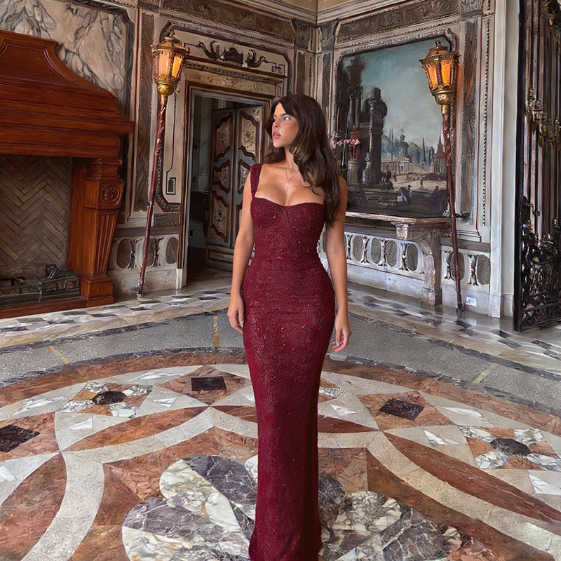 Damen Glitzerndes Abendkleid mit tiefem Ausschnitt und eleganten Spaghettiträgern Drune