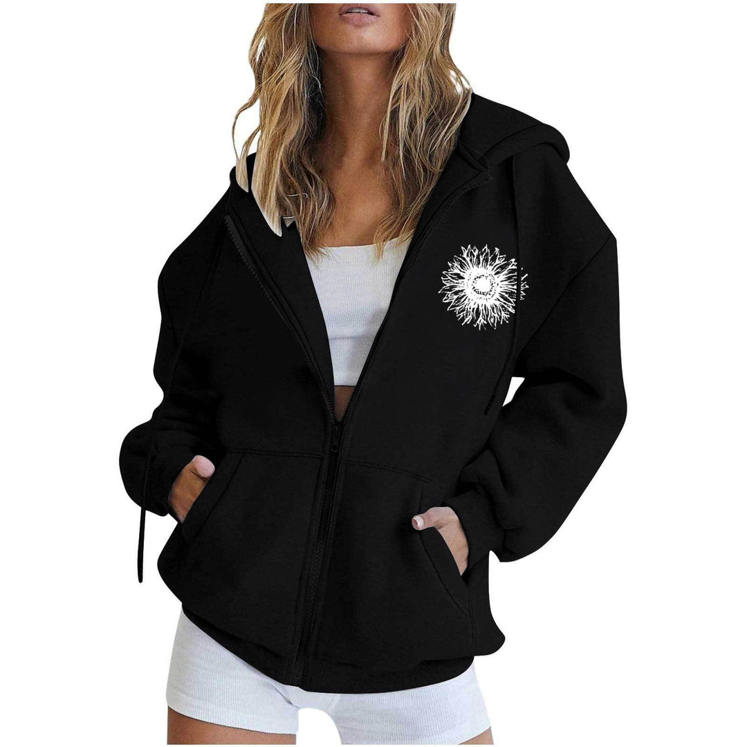 Damen nan oversized Kapuzenjacke mit Frontreißverschluss, Kängurutaschen und stilisiertem Sonnenblumenprint Drune