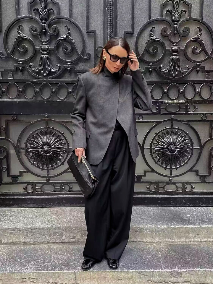 Damen Oversized-Blazer im Boxy-Schnitt mit asymmetrischem Stehkragen und verdeckter Knopfleiste Drune