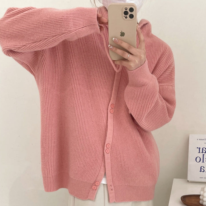 Damen lässige Strickjacke mit Kapuze und Knopfdetails Drune