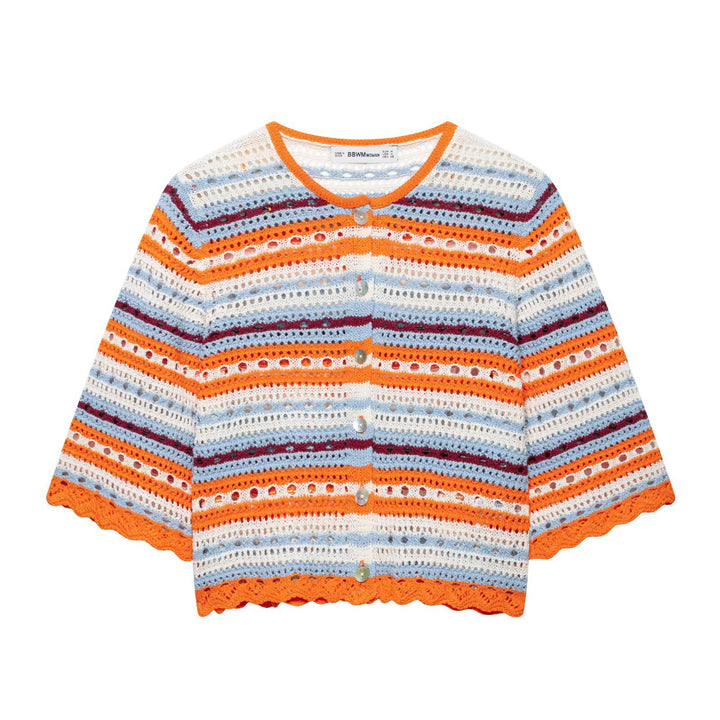 Damen Häkel-Cardigan Kurzarm mit Knopfleiste und Streifenstruktur Drune