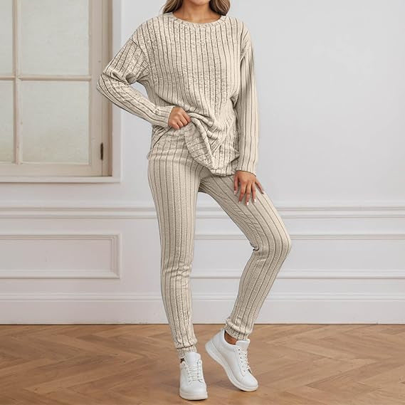 Damen gemütliches Strickensemble mit Rippenstruktur Drune