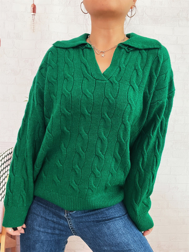 Damen Grobstrickpullover mit farbenfrohem Zopfdesign und klassischem Kragen Drune