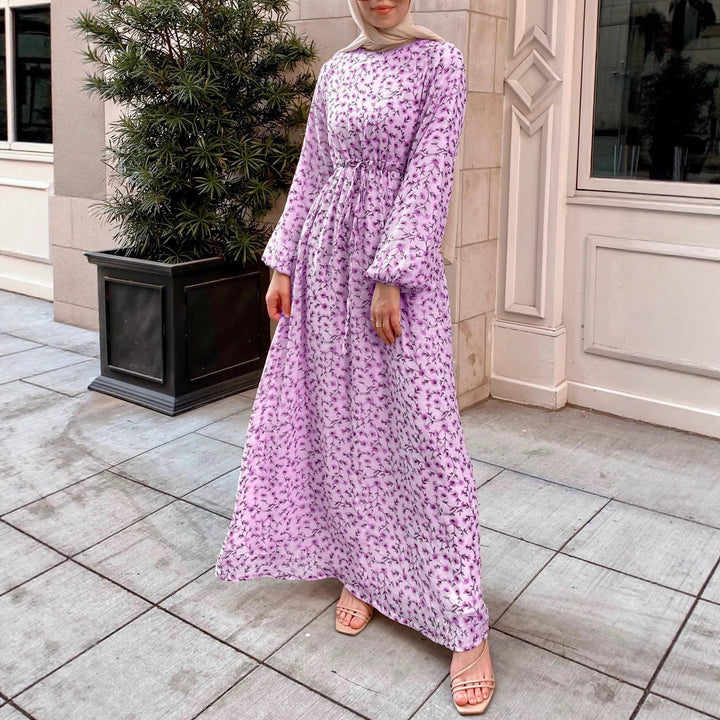 Damen Geblümtes Maxikleid mit Kordel-Taille und Ballonärmeln Drune