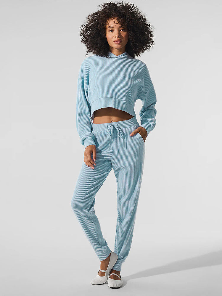 Damen Gerippte High‑Waist Loungehose mit Kordelzug und Bündchen Drune