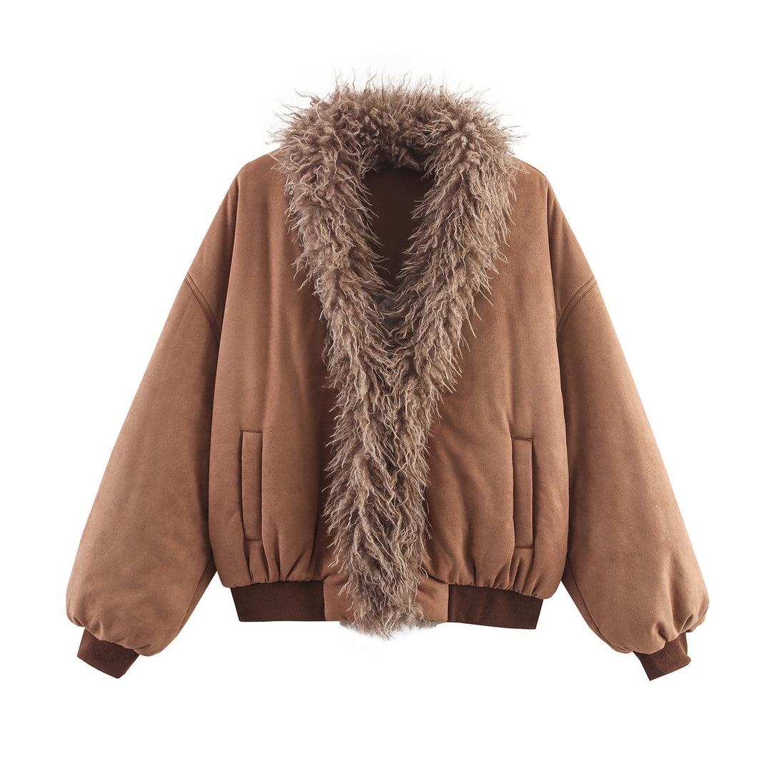 Damen kuschelige Wildlederjacke mit Fellkragen Drune