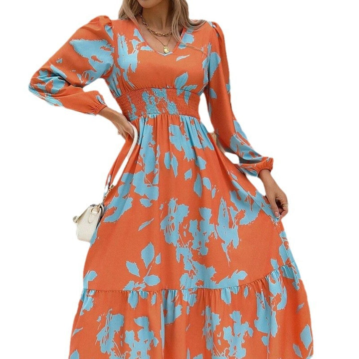 Damen Langarm Maxikleid mit floralen Mustern und voluminösen Ärmeln Drune