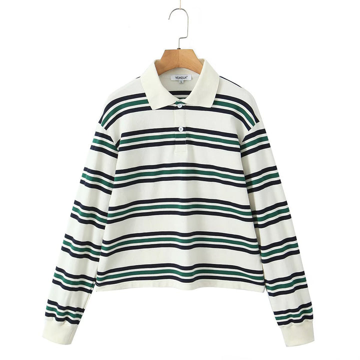 Damen Lässiges Langarm-Poloshirt mit Streifenmuster und Rippbündchen Drune