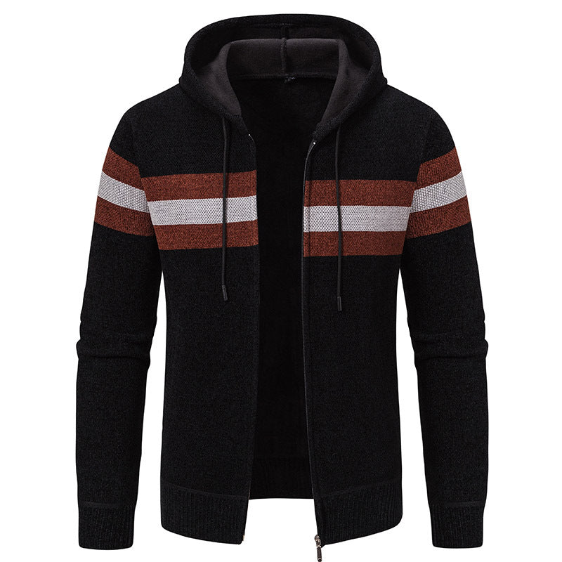 Herren Kapuzen-Strickjacke mit durchgehendem Reißverschluss, Kontraststreifen und Eingrifftaschen Drune