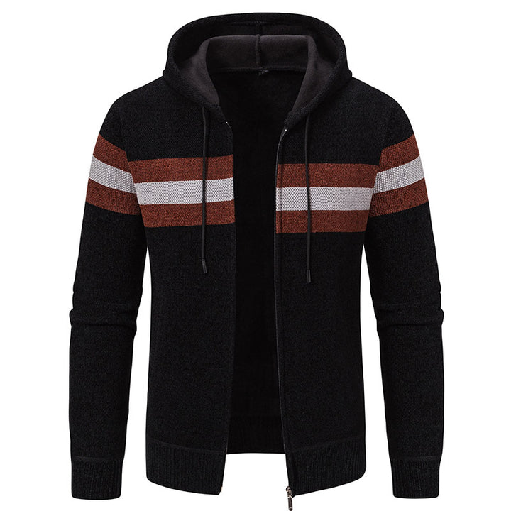 Herren Kapuzen-Strickjacke mit durchgehendem Reißverschluss, Kontraststreifen und Eingrifftaschen Drune