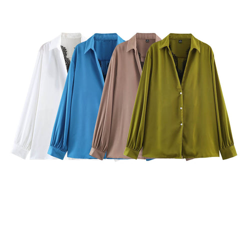 Damen Seidige Oversize-Bluse mit Spitzeneinsatz und Hemdkragen Drune