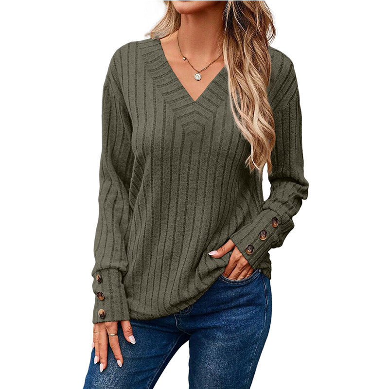 Damen lässiger V-Ausschnitt Pullover mit strukturiertem Rippdesign und eleganten Knopfdetails Drune