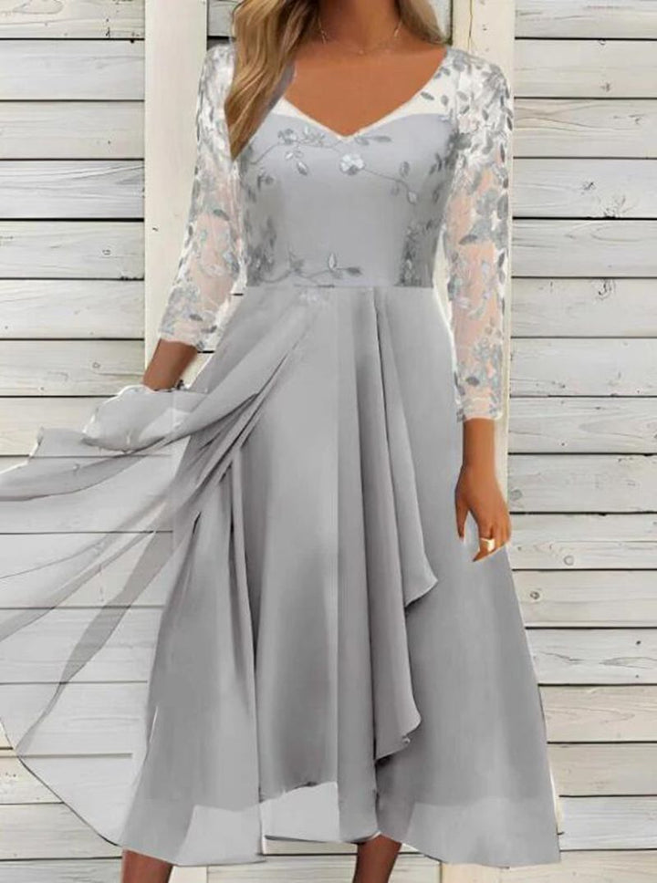 Damen nan elegantes Midikleid mit besticktem Tülloberteil, transparenten Dreiviertelärmeln und mehrlagigem Drapé-Rock Drune