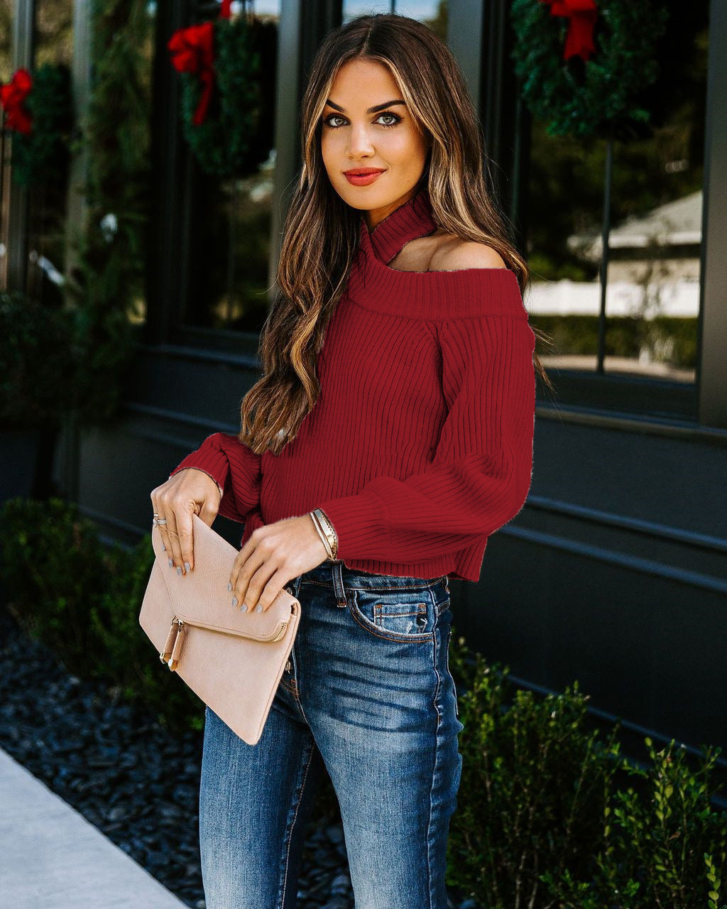 Damen Gerippter Cropped-Strickpullover mit Stehkragen und Schultercutout Drune