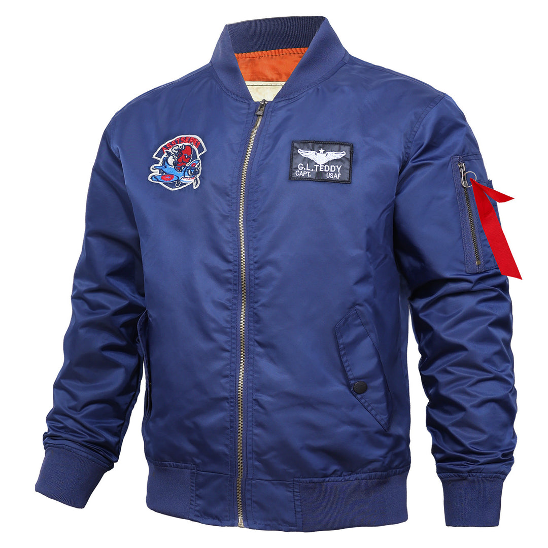 Men's  retro pilot-inspired flight jacket with embroidered crest, sleeve zipper utility pocket and contrast quilted lining Drune